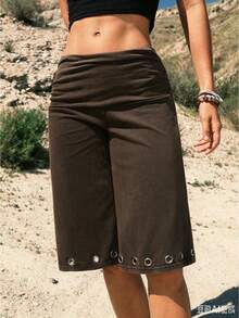Women Solid Color Fold Over Capri Casual Low Rise Straight Wide Leg Cropped Pants Vintage Nested Circular Rings Three Quarter Or One Half Trousers Gym Yoga Women - Nâu đỏ - Xem 1