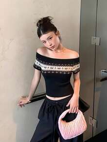 露肩彈性修身撞色針織短版T恤，貼身女款針織上衣黑色夏季款 - 黑色 - 查看 7
