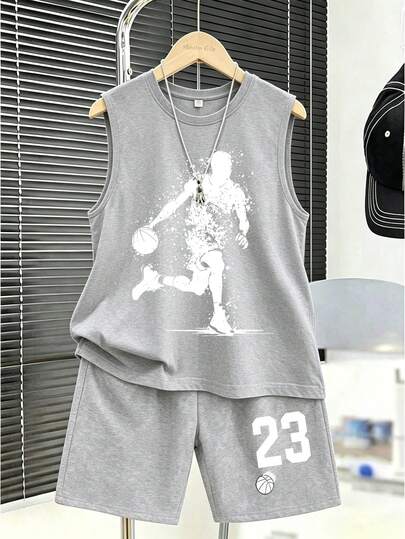 Conjunto de 2 piezas para adolescente varón, camiseta sin mangas con estampado de silueta de jugador de baloncesto y salpicaduras de tinta, y pantalones cortos con el número "23", ropa casual de verano