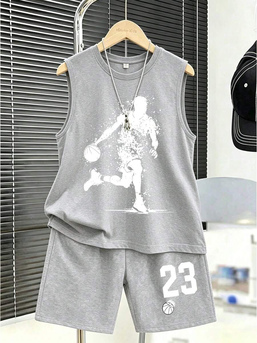2pcs/Set Teen Boy Basketball Outfit Ink Splat Player Silhouette Print Tank Top And "23" Shorts Casual Outfit Summer Casual Wear Outfit - Grey - View 1
