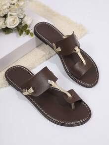 PU Leather Beach Slides, Toe-Less Summer Fashion Comfortable Slippers - Coffee Brown - View 8