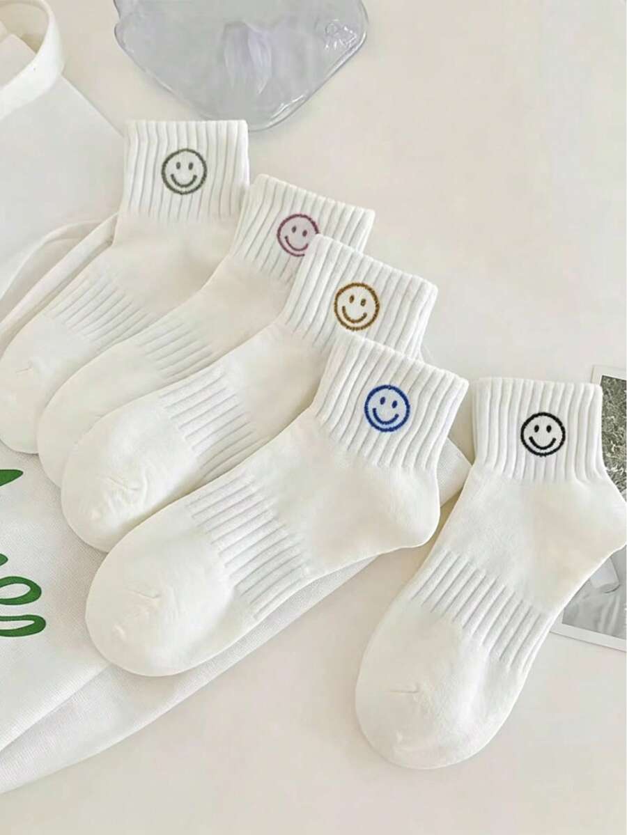 5 đôi tất cổ ngắn nữ kiểu dáng tối giản Ins Style màu trắng in hình mặt cười. - Nhiều màu - Xem 1