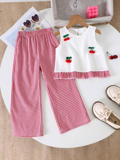 New Girls' Red And White Plaid Two Pieces Set, Sleeveless Cherry Applique Top And Elastic Waist Wide-Leg Pants, Summer Daily Casual Play Set