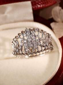 Kotak Hadiah Cincin Pita Lebar Perak, Desain Sangkar Burung Rumbai 3D, Batu Zirkonia Kubik Bertabur Penuh, Cincin Koktail Mewah untuk Wanita - Perak - View 3