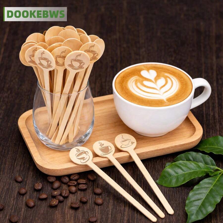 50pcs Disposable Wooden Coffee Stirrers, Various Coffee Pattern Styles, Kitchen Accessories Suitable For Coffee, Milk Tea, Hot Drinks, Cafes, Tea Houses, Kitchens, Parties, Gatherings, Afternoon Tea - Multicolor - View 1