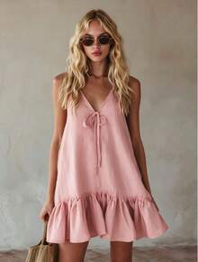 2026 Summer New Vintage Resort Style V-Neck Sleeveless Ruffle Loose Dress - White - View 7