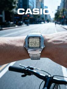 CASIO 日常復古必備款：中性不鏽鋼數位手錶，方形銀色錶盤，30M 防水，附鬧鐘、秒錶、螢光顯示 A178WA-1A - 銀色 - 查看 5
