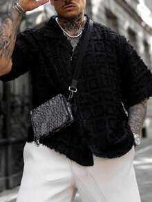 Men's Black Plaid Shirt With Tassel Trim, High-End & Stylish American Frayed Hem Shirt - Black - View 3