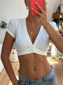 Women's Vacation V-Neck Puff Sleeve Cropped Top, Slim Fit Multiple Colors Spring Summer Wear, Hand Wash Recommended, Perfect For Beach, Party, Daily Casual Outfit - trắng - Xem 8