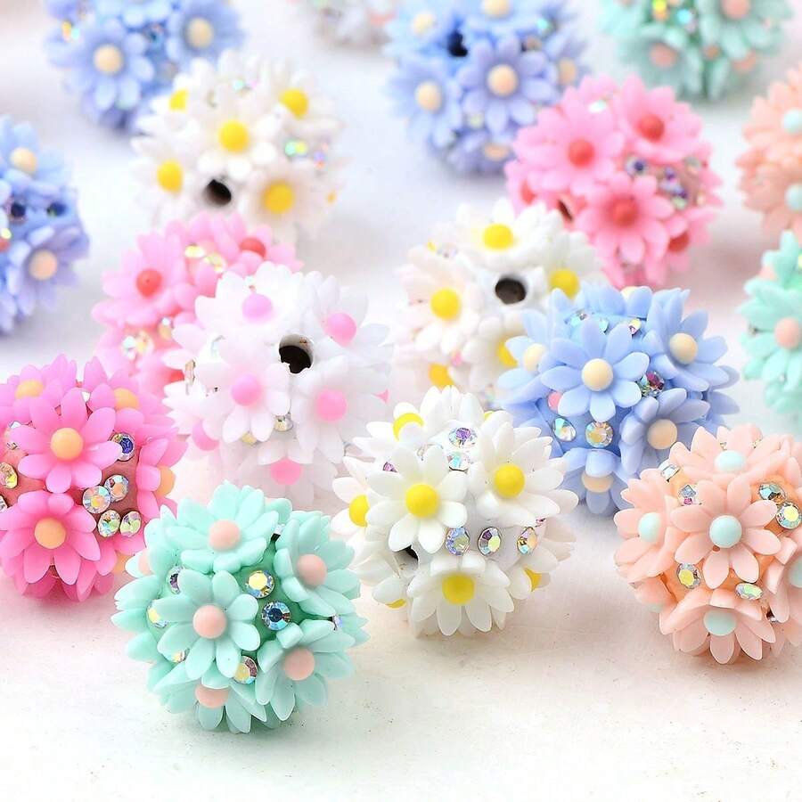 5pcs 16mm Acrylic Flower Ball Beads, 3D Daisy Flower Spacer Beads With Rhinestone For DIY Bracelet Necklace Earring Phone Chain Jewelry Making - Flower Beads - View 1
