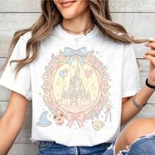 Disney Coquette Bow Castle Oversized T-Shirt Unisex, 100% Cotton Vintage Short Sleeve Casual Top, Birthday Girl Fantasia Graphic Print Tee - trắng - Xem 1