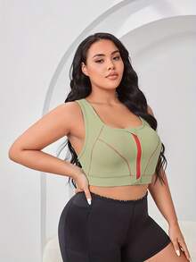 Front Zipper/Contrast Color/Women Plus Size/Removable Padded/Outdoor/Yoga/Sports Bra - Green - View 4