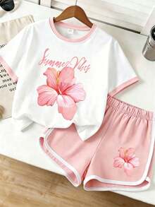 Girls' 2pcs Outfit, "Summer Vibes" Pink Hibiscus Graphic White Ringer Tee & Pink Contrast Trim Shorts Set, Sweet Summer Wear - 白色 - 查看 1
