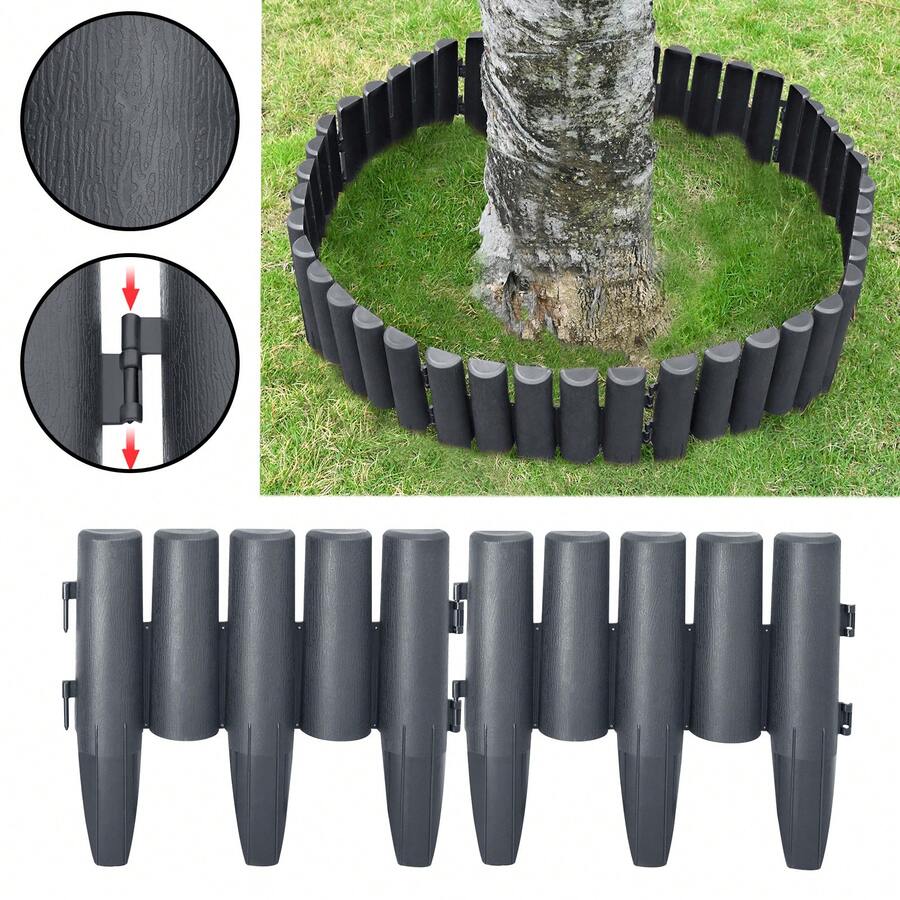 Imitierte Holzpfähle aus Kunststoff Rasenkante, Gartenzaun, Blumenbeet Begrenzung, Rasenkante, Gartenpalisade, dekorative Gartenbegrenzung, Palisadenzaun - 2,8M/5,6M/8,4M/11,2M/14M/16,8M/19,6M/22,4M/25,2M (Braun/Anthrazit) - Anthrazit 60 Stück = 16,8 m - Übersicht 1