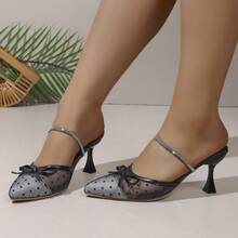 Sandalias de mujer con malla transpirable, lazo de cristal y lunares, puntera puntiaguda y slip-on, ligeras y de estilo lujoso para fiestas y citas, mulas de malla negra con puntera abierta para el verano - Negro - Ver 2