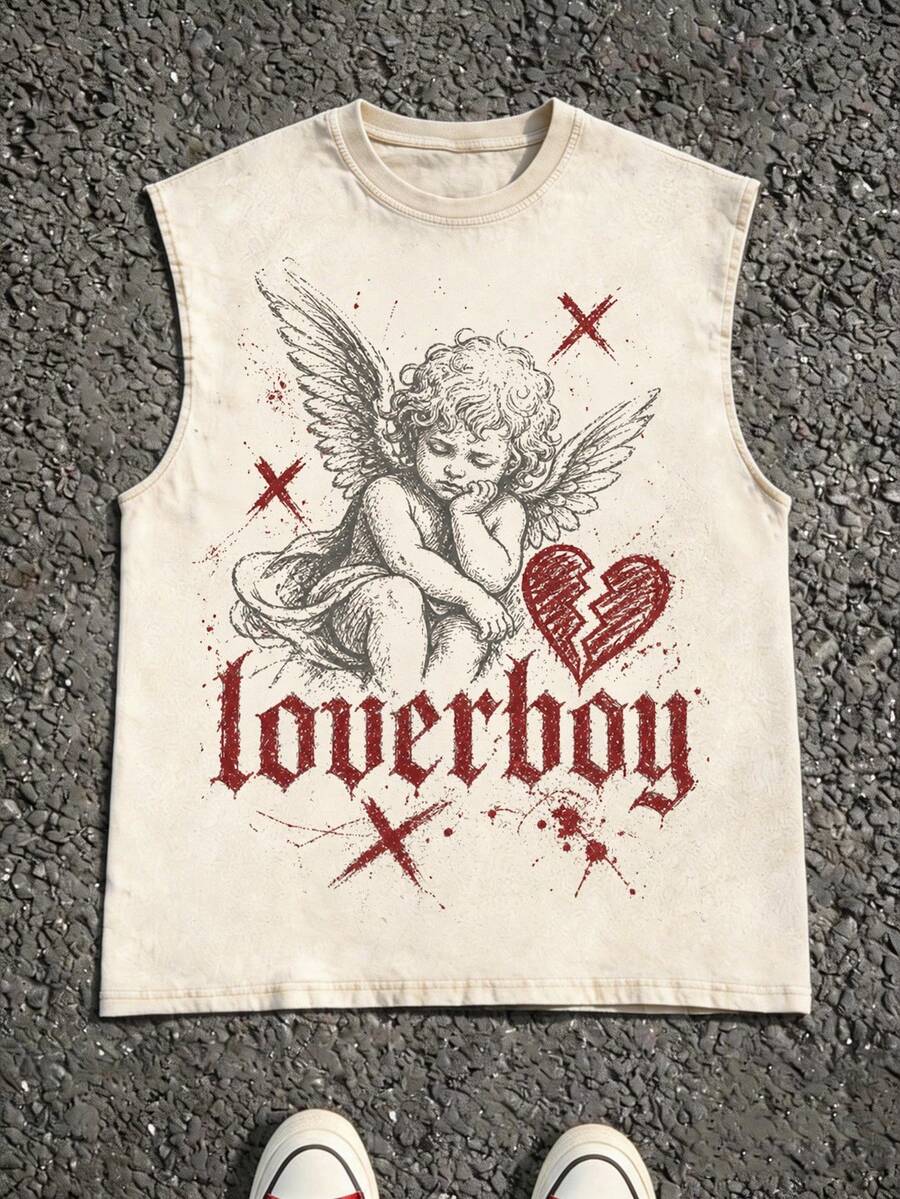 Men's Casual Crew Neck Sleeveless Washed Vest, Made Of 100% Cotton, Perfect For Summer Vacations.  Features A Stylish Print And Y2K Street Style. - 杏色S2 - 查看 1