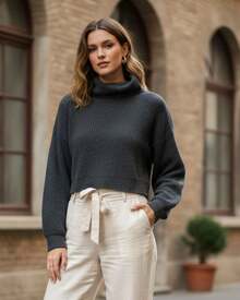 Women's Mousse Fang Cropped Knit Blouse High Neck Puff Sleeve - 石墨 - 查看 1