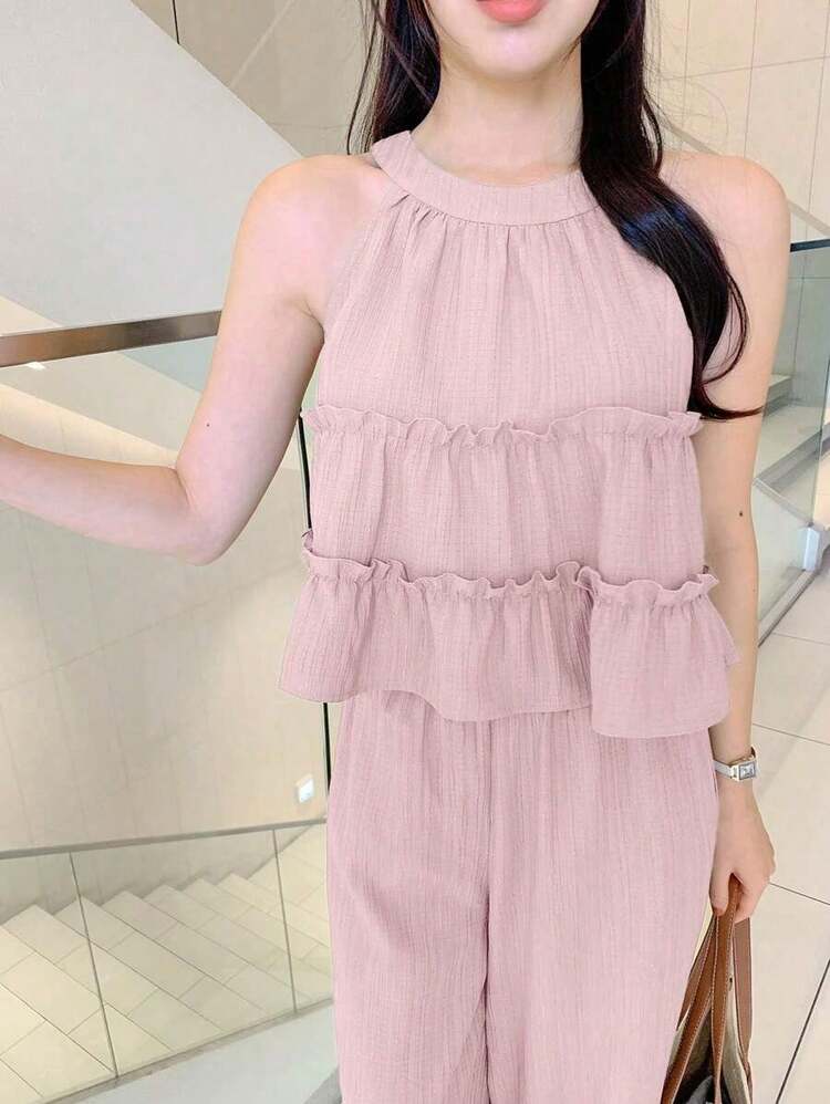 Set de 2 piezas con top sin mangas con volantes y pantalones de pierna ancha de unicolor para mujer, conjunto de ropa de estar en casa y de vuelta al colegio para mujer - Rosa - Añade 5