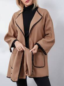 Womens Loose Coat Turn Down Collar Open Front Cardigan Coat With Contrast Edge Scarf 2 Piece Set For Winter - Khaki - View 2