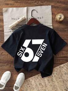 Summer Short-Sleeved T-Shirt For Boys, "67" With A Fun Digital Design. Suitable For Casual Wear, School, And Everyday Wear. - Hijau Tentara - View 2