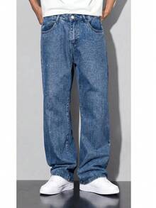 Men's Balloon Jeans, Straight Leg, Baggy Premium Streetwear, Oversized, Rapper Denim, Skater Style, Loose Fit - 藍色的 - 查看 5
