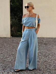 Conjunto de top hombros descubiertos y jeans holgados de algodón, adecuado para primavera y verano - Lavado ligero - Ver 4