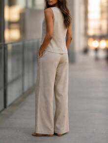 Women's Linen 2 Pieces Set, Casual Solid Color Round Neck Vest And Wide Leg Pants, Summer Elegant - Khaki - View 6