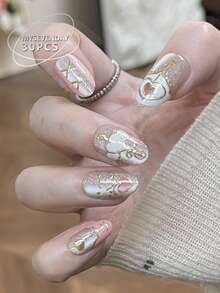 30pcs Almond Shaped/Cute Sweet Korean/Japanese Style False Nail Stickers For Women, Suitable For Parties, Festivals And Daily Use. Includes 1pc Glue And 1pc Nail File - Multicolor - View 2
