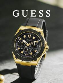 Guess 男士計時碼錶，金色調，黑色矽膠錶帶，碳纖維圖案，多功能，奢華時尚商務休閒週末旅行夜店派對，送給男朋友、丈夫、兄弟的理想禮物，生日、週年紀念 - 黑色 - 查看 2