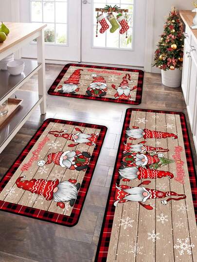 1pc 40x60cm / 50x80cm / 40x120cm Christmas Decorative Floor Mat, Featuring Christmas Gnome Pattern With Snowflake, Christmas Tree, Gift Box, Red & Black Plaid Border, Suitable For Christmas & Winter Home, Doormat, Bathroom, Kitchen Decor