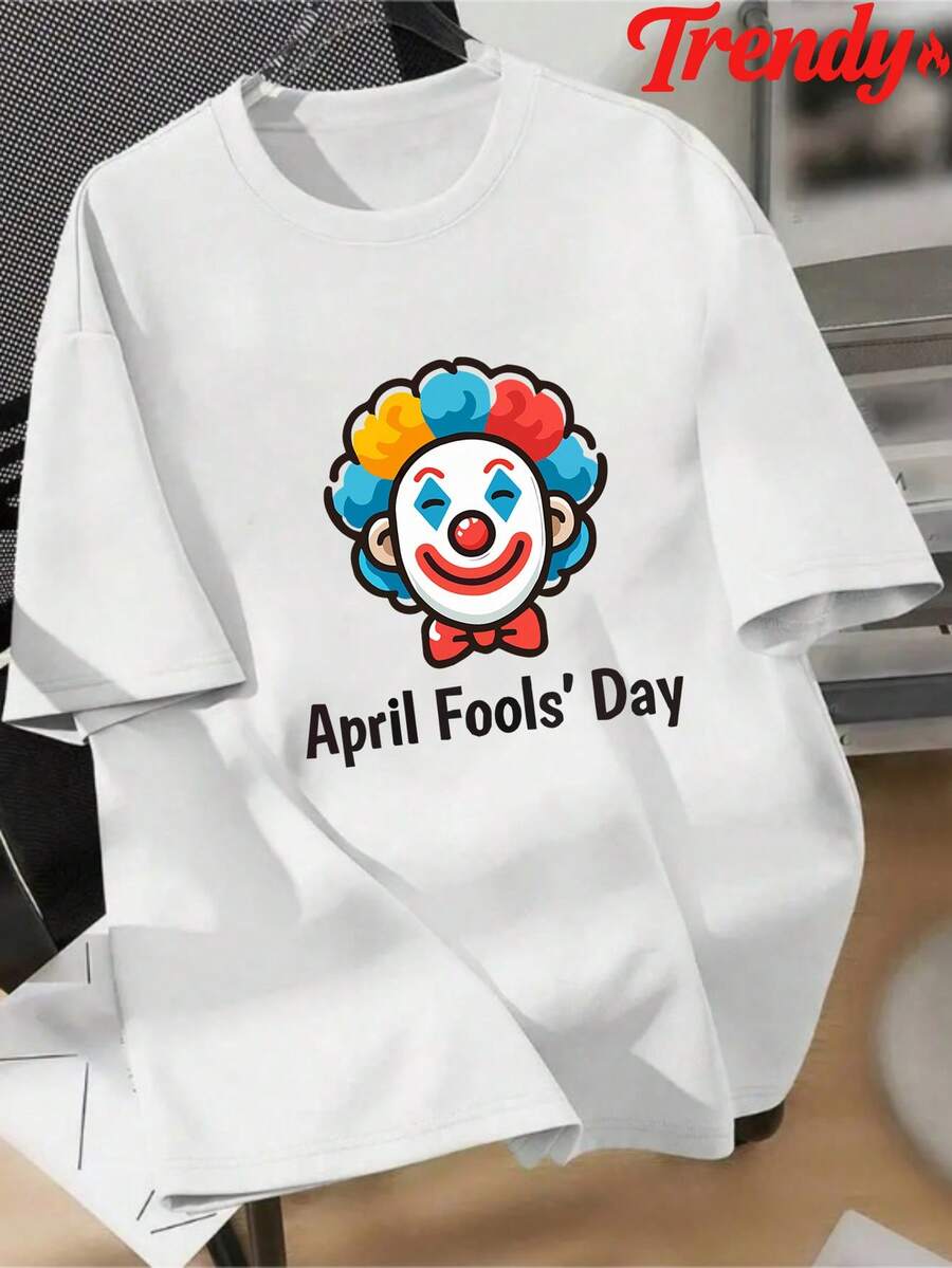 1 Piece Of Men's Clothing: Men's April Fools' Day Series T-Shirt - Short Sleeve Crew Neck T-Shirt, Dropped Shoulders, Printed, Loose Fit, Casual, For Summer, Suitable For Daily Wear, Machine Washable, Regular Fit, Versatile For Multiple Outfits, Not An Essential Item For Men. - 白色 - 查看 1