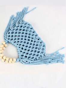 Casual Light Blue Crochet Mesh HandBag With Wooden Bead Handle And Tassel, Breathable Openwork Design, Ideal For Vacationers, Students And Casual Shoppers, Perfect For Beach Trips, Weekend Getaways And Daily Errands - Blue - View 5