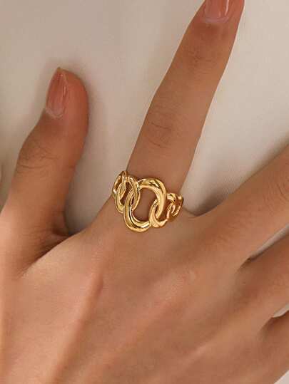 1pc Stainless Steel 18K Gold Plated Minimalist Geometric Oval Criss-Cross Open Ring, Suitable For Women's Daily And Party Wear
