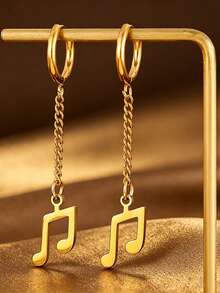 1 Pair Stainless Steel Musical Note Chain Dangle Hoop Earrings, Punk Rock Style Stainless Steel Ear Drops, Gold And Silver Available, Men And Women Music Festival Daily Versatile Jewelry - Note - View 9