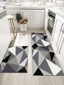 3.5mm Thick Absorbent Rubber Kitchen Mat, Large Or Small Rug, Modern Geometric Abstract Design In Black, White And Gray Tones With Layered Triangle Patterns, Faux Marble Texture Decorative Carpet, Can Be Trimmed To Fit Kitchen, Living Room Or Bedroom - Multicolor - View 2