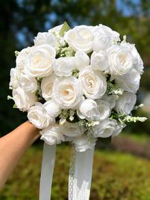 10-Inch Heart Crystal Bridal Bouquet, Lace Bow Silk Rose Wedding Ceremony Prop, Graduation Prom Gift - Multicolor - View 4
