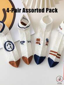 4 Pairs Mixed Smiling Face Mid-Calf Socks, Cute Versatile School Style Socks, Soft Girl Cartoon Design - Multicolor - View 2