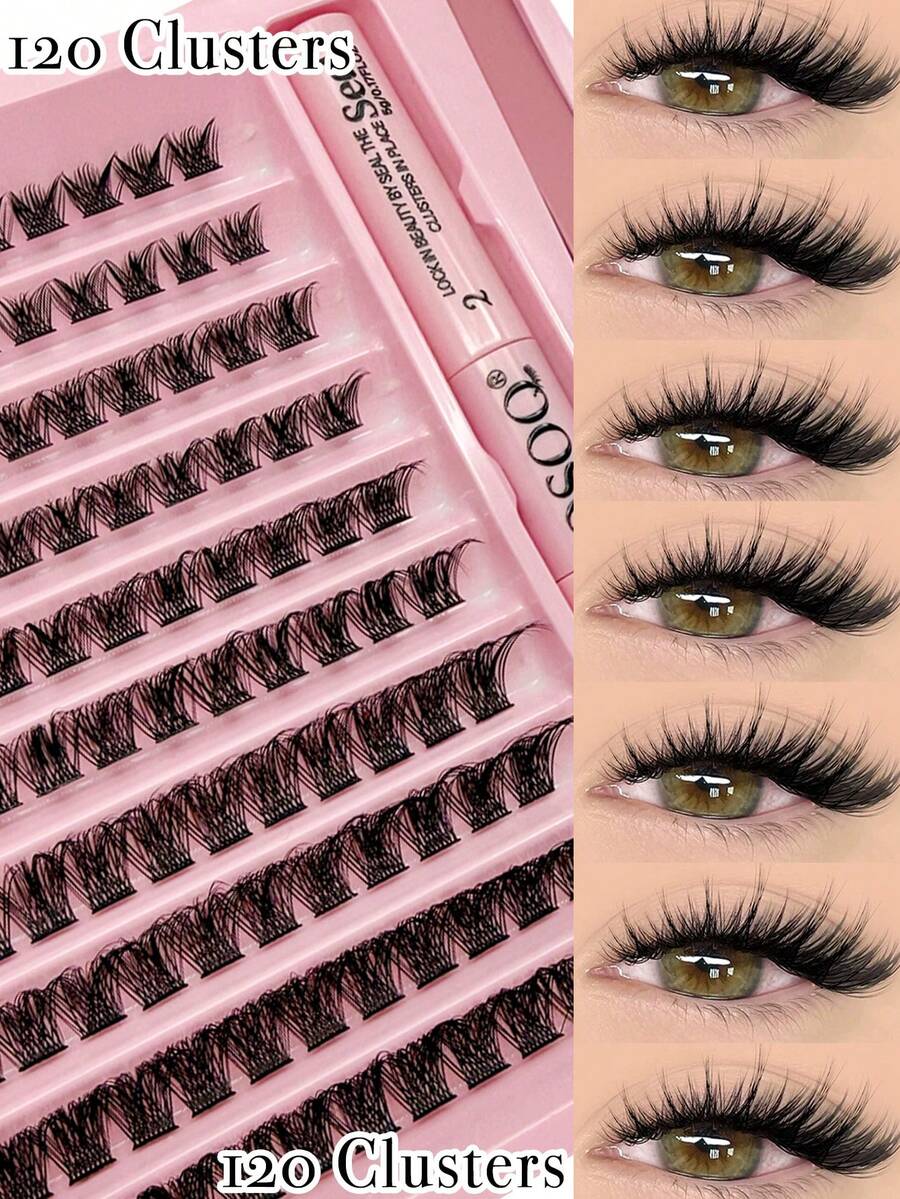 120 piezas Conjunto de pestañas postizas en racimo con estilo C-Curl, incluye pegamento de doble uso y pinzas, 5 estilos mixtos de 8-16mm, naturales, esponjosas, suaves y ligeras, reutilizables, adecuadas para maquillaje diario y de fiesta, pestañas en racimo, kit de pestañas DIY - Negro - Ver 1