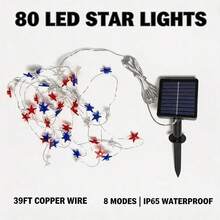 39Ft 80-LED Decorative String Lights: Red, White, And Blue Star-Shaped Lights. Suitable For Indoor And Outdoor Use, Home Decor, And Holiday Celebrations Such As Presidents' Day, Independence Day, And National Day. - 紅白藍星星銅線燈 - 查看 5