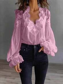 Elegante blusa rosa con cuello en V y ribete de encaje para mujer, manga larga, corte holgado, poliéster, estilo vintage, moda de otoño. - Rosa - Ver 2