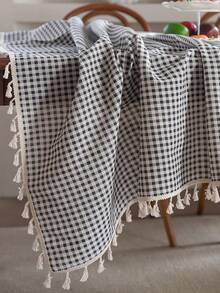 Tokoto Black Gingham Tablecloth With Tassel Fringe, Farmhouse Cotton Linen Table Cover For Dining Table, Nightstand & Coffee Table Decor, Rustic Boho Plaid Style - Black and White - View 9