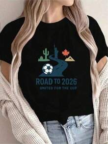 camisetas para hombre [Nueva Recomendación] Camiseta Impresa con Patrón Temático de la Copa Mundial, Casual para Mujeres, Vacaciones, Manga Corta Cuello Redondo, Primavera Verano, Lavable a Máquina, Nueva Moda Femenina, Versátil para Ropa de Calle, Adelgazante, Deportiva casual de manga corta con cuello redondo y para en verano - Negro - Ver 6