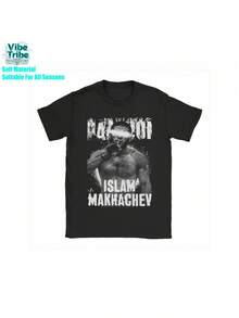 Men's & Women's Makhachev Fighter Graphic T-Shirt - Vintage Text & Action Photo MMA Sports Shirt, Casual Crew Neck Short Sleeve Shirt For Gym, Streetwear, Durable Fabric For Year-Round Fighting For Fans - Black - View 1