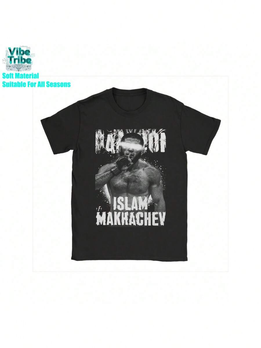Men's & Women's Makhachev Fighter Graphic T-Shirt - Vintage Text & Action Photo MMA Sports Shirt, Casual Crew Neck Short Sleeve Shirt For Gym, Streetwear, Durable Fabric For Year-Round Fighting For Fans - Black - View 1