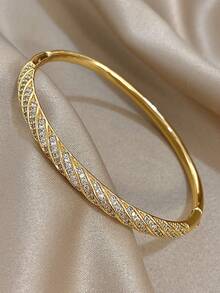 Elegant Gold Plated Twists Twill Pave Cubic Zirconia Bangle Bracelet & Open Ring, Jewelry Set For Women,Summer Boho,Mom Gift Daily Wear,Party/Gala - Multicolor - View 2