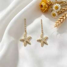 1 Pasang Anting Gantung Bintang Laut Warna Emas dengan Rhinestone, Menampilkan Rantai Kristal Berkilau dan Liontin Bintang Laut Rhinestone, Cocok untuk Pemakaian Sehari-hari Wanita, Kencan, Pesta, Jalan-jalan, dan Pemotretan - Yellow Gold - View 6