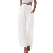 Pantalones de lino holgados de talla grande para mujer, con bolsillos y cordón ajustable, de pierna ancha. - Rojo - Ver 8