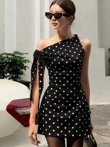 Vestido mini ajustado con estampado de lunares asimétrico y tirantes, elegante negro para primavera/verano - Negro - Ver 4