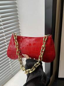 1pc Shiny Solid Gold Chain Decor Underarm Baguette Bag - Burgundy - View 7