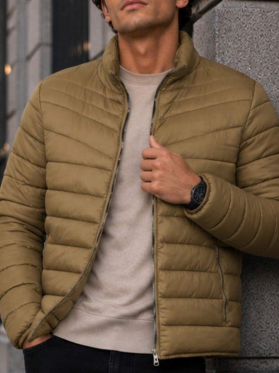 Men's HPC Polo Fleece Puffer Jacket, Warm, Casual, Basic, No Hood, Youthful And Modern Style, Ideal For Winter Or Cold Weather - Beige - View 1